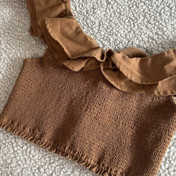 Anthropologie Maeve Ruffled Smocked Top Petite Ruched Stretch Ruffle Cropped 00P - Picture 8 of 9